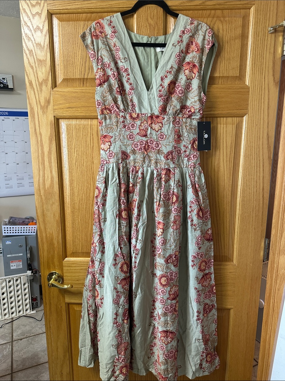 Taylor Sage Green Midi Dress with Pink and Coral Floral Print - Picture 4 of 6